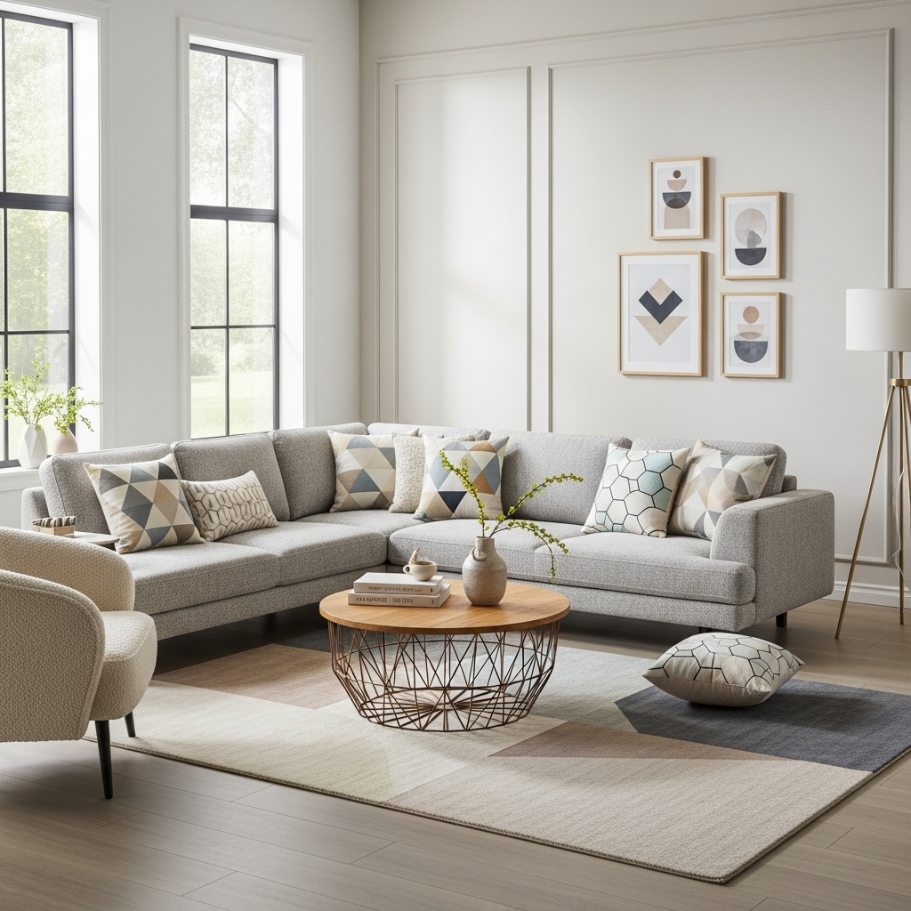 Moderne woonkamer met geometrische vormen en zachte texturen